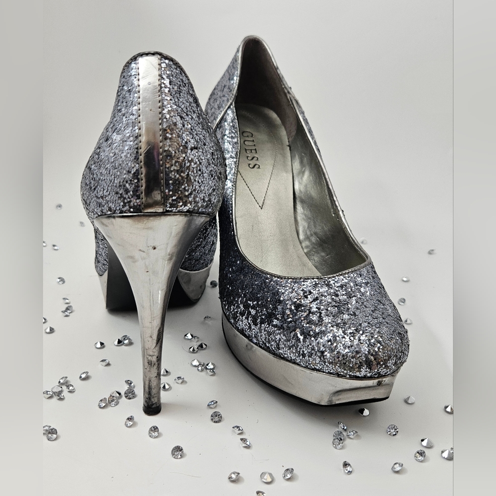 Guess Brand Silver glittery platform pumps